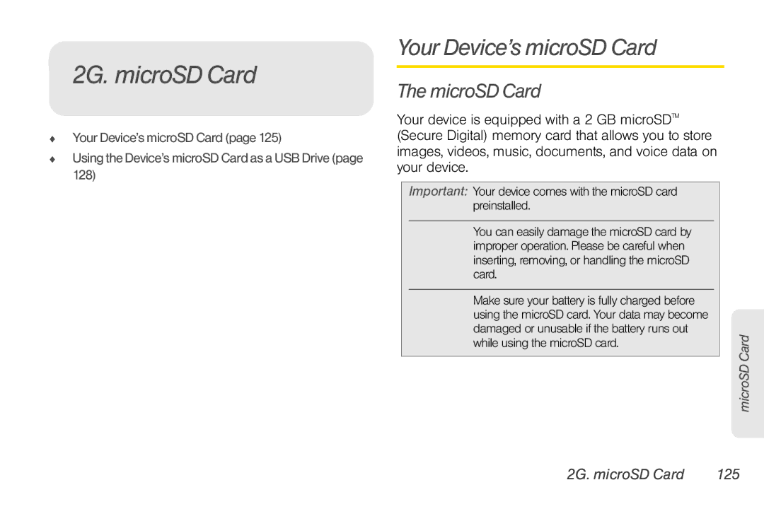 Sprint Nextel PG86100 manual Your Device’s microSD Card, MicroSD Card, 2G. microSD Card 125 