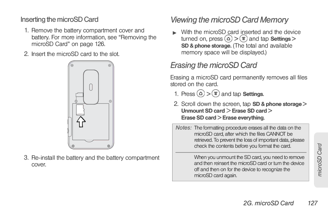 Sprint Nextel PG86100 manual Viewing the microSD Card Memory, Erasing the microSD Card, Inserting the microSD Card 