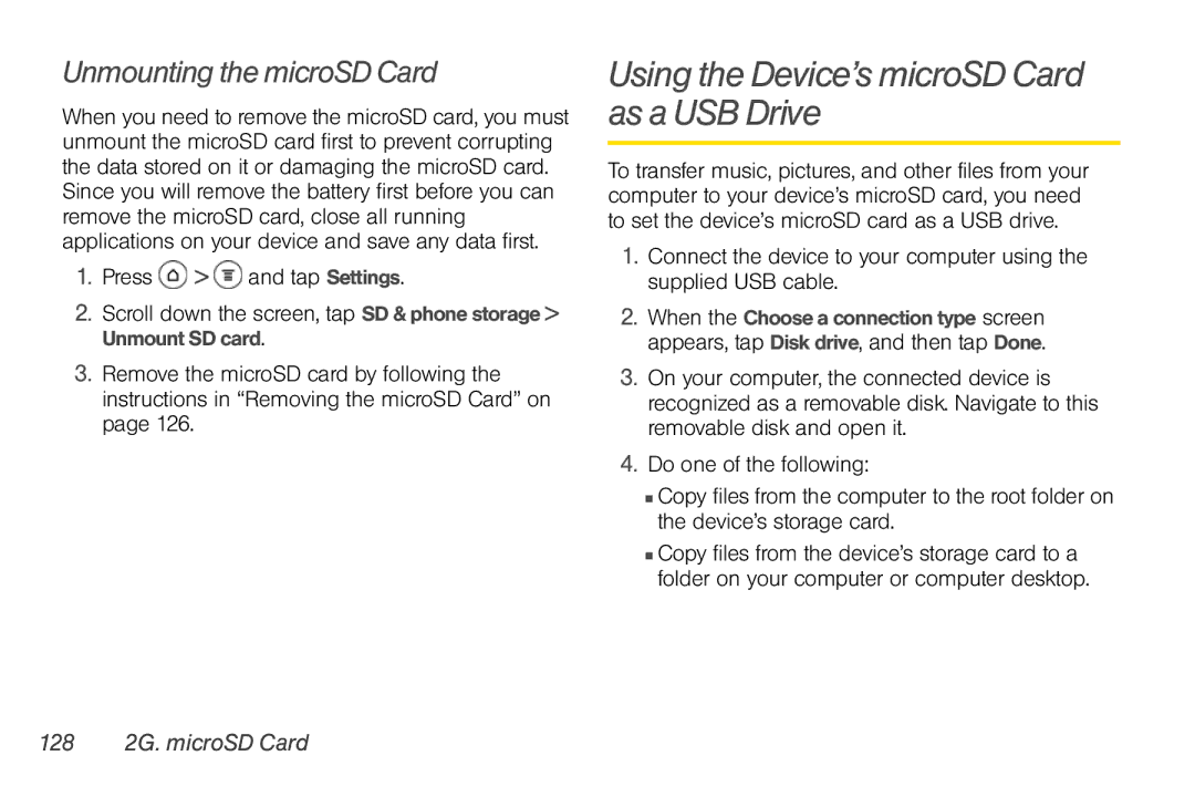 Sprint Nextel PG86100 Using the Device’s microSD Card as a USB Drive, Unmounting the microSD Card, 128 2G. microSD Card 