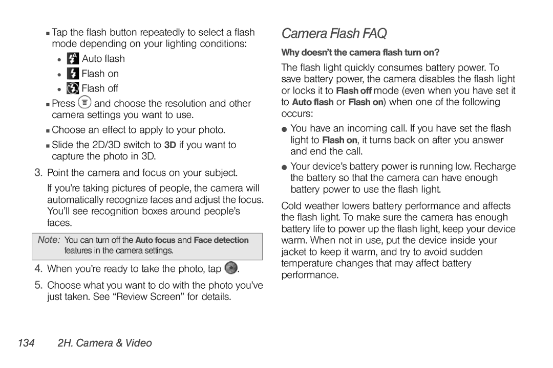 Sprint Nextel PG86100 manual Camera Flash FAQ, 134 2H. Camera & Video, Why doesn’t the camera flash turn on? 