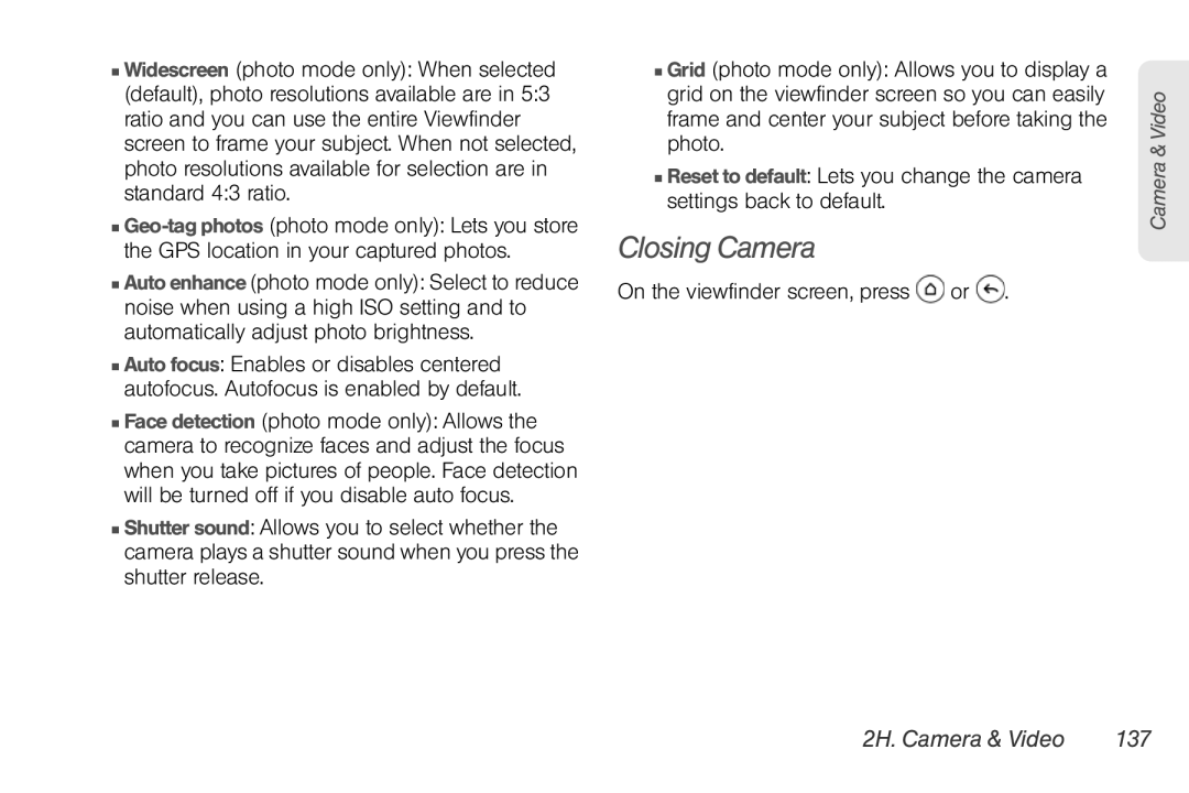 Sprint Nextel PG86100 manual Closing Camera, On the viewfinder screen, press or, 2H. Camera & Video 137 