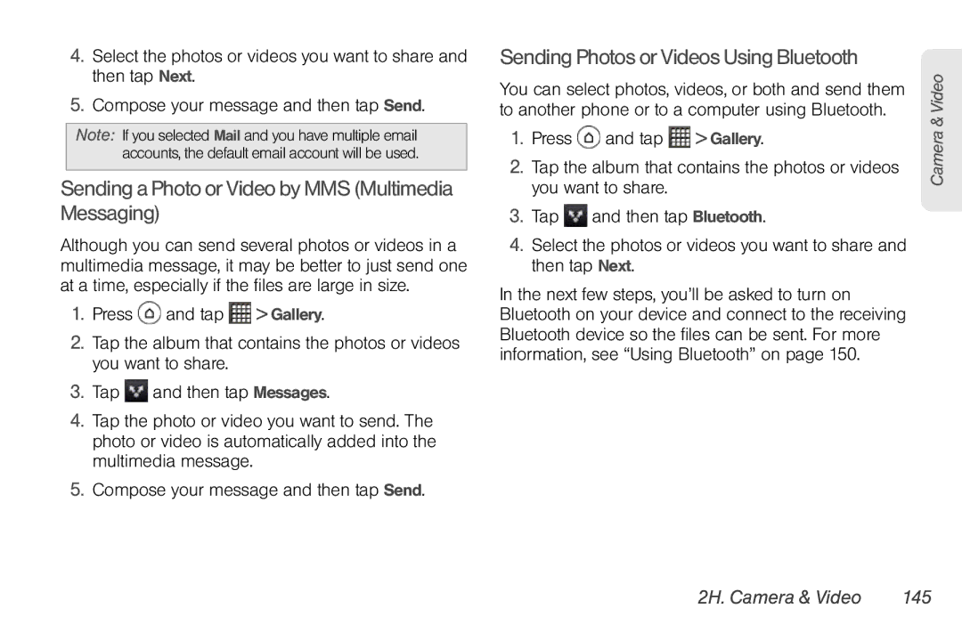 Sprint Nextel PG86100 manual Sending a Photo or Video by MMS Multimedia Messaging, Sending Photos or Videos Using Bluetooth 
