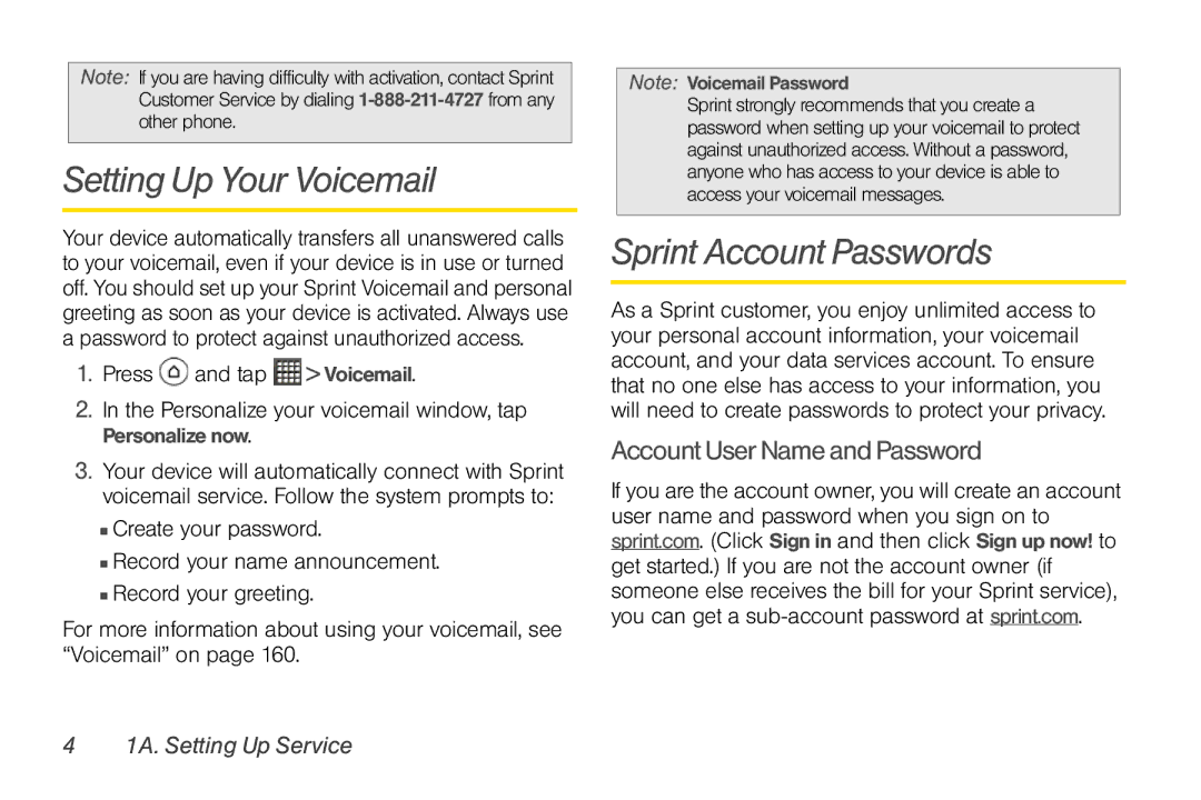 Sprint Nextel PG86100 manual Setting Up Your Voicemail, Sprint Account Passwords, Account User Name and Password 