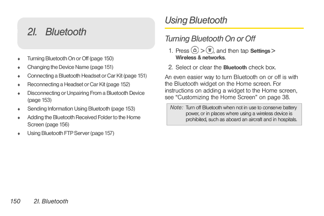 Sprint Nextel PG86100 2I. Bluetooth, Using Bluetooth, Turning Bluetooth On or Off, Select or clear the Bluetooth check box 