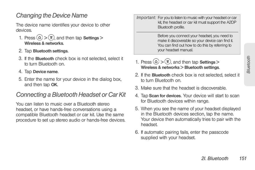 Sprint Nextel PG86100 Changing the Device Name, Device name identifies your device to other devices, 2I. Bluetooth 151 