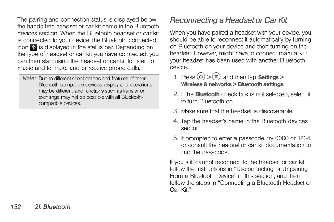 Sprint Nextel PG86100 manual Reconnecting a Headset or Car Kit, 152 2I. Bluetooth 