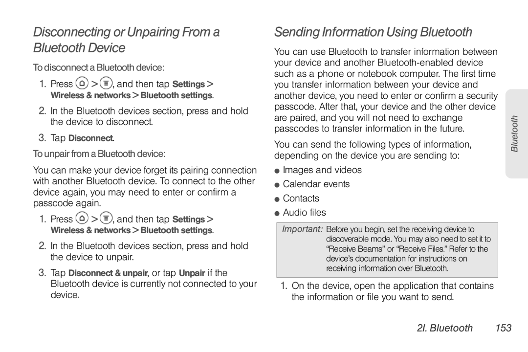 Sprint Nextel PG86100 manual Disconnecting or Unpairing From a Bluetooth Device, Sending Information Using Bluetooth 