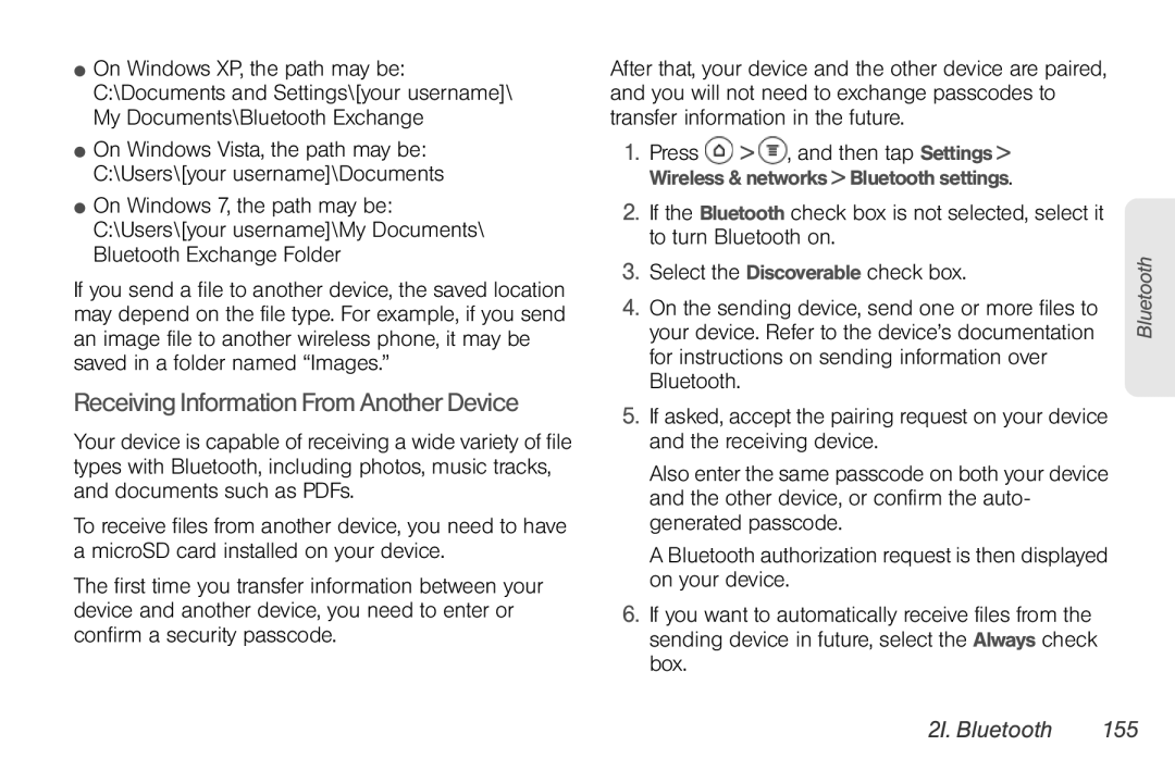 Sprint Nextel PG86100 manual Receiving Information From Another Device, 2I. Bluetooth 155 