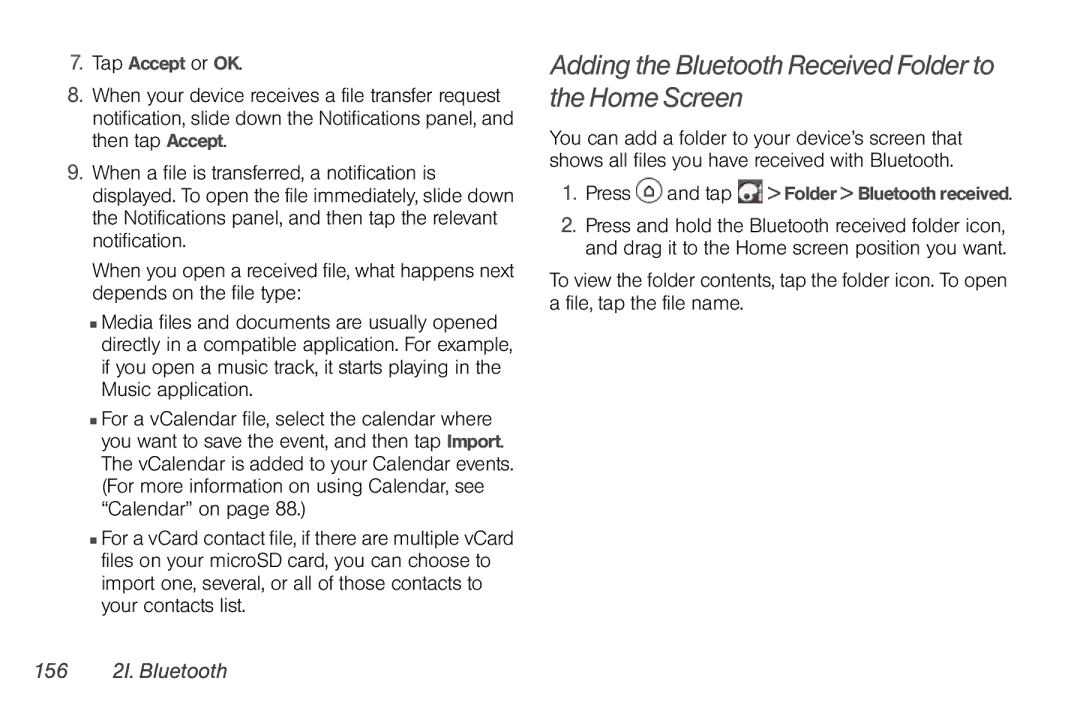 Sprint Nextel PG86100 manual Adding the Bluetooth Received Folder to the Home Screen, 156 2I. Bluetooth, Tap Accept or OK 