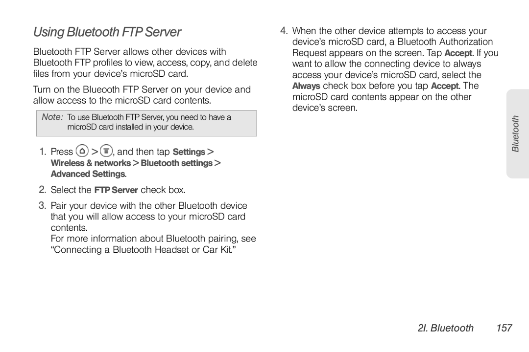 Sprint Nextel PG86100 manual Using Bluetooth FTP Server, 2I. Bluetooth 157 