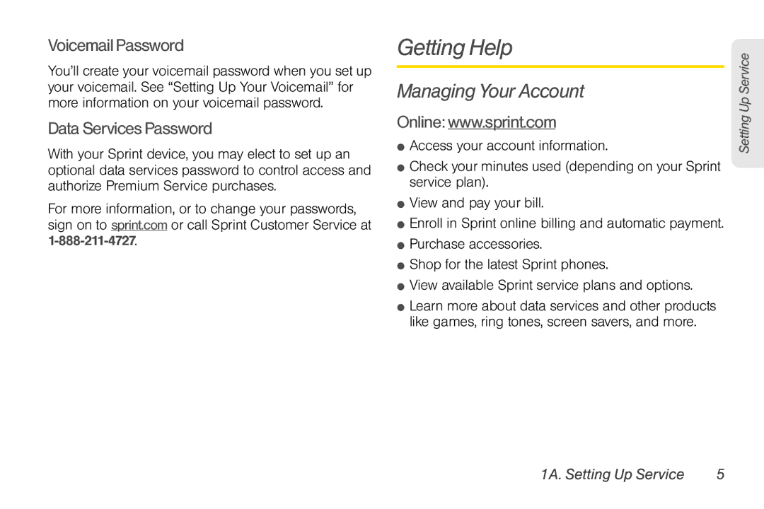 Sprint Nextel PG86100 manual Getting Help, Managing Your Account, Voicemail Password, Data Services Password 