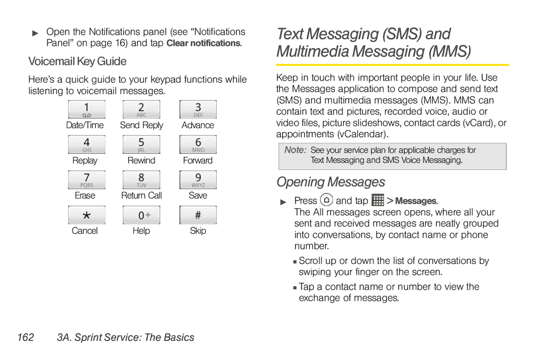 Sprint Nextel PG86100 manual Text Messaging SMS and Multimedia Messaging MMS, Opening Messages, Voicemail Key Guide 