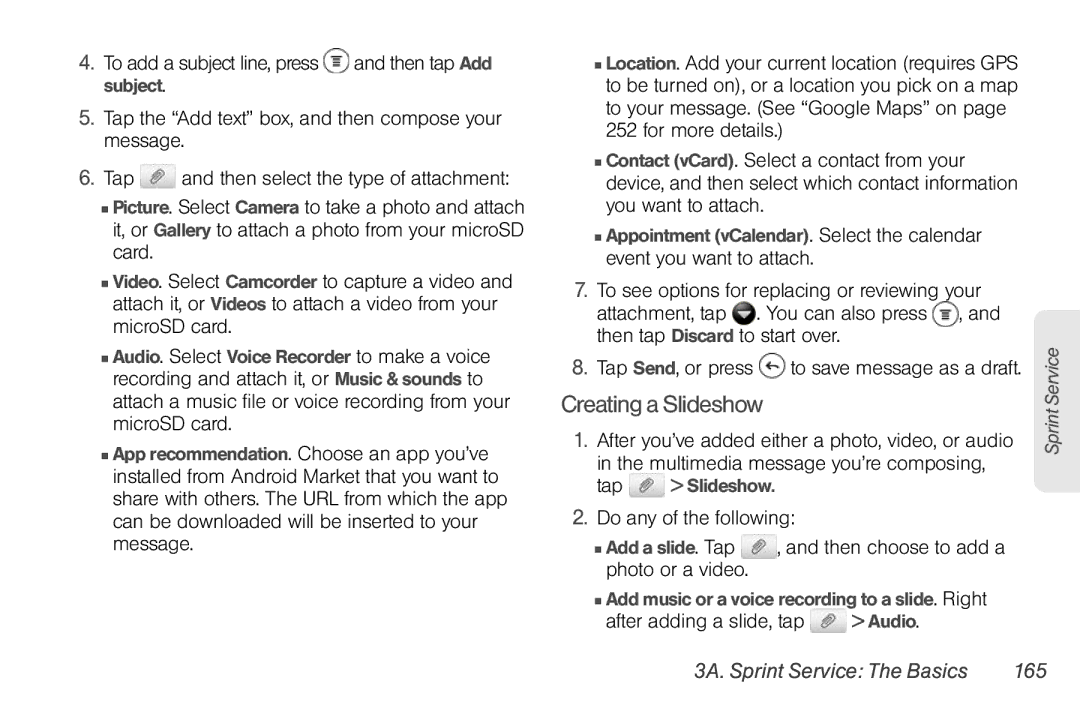 Sprint Nextel PG86100 manual Creating a Slideshow, 3A. Sprint Service The Basics 165 