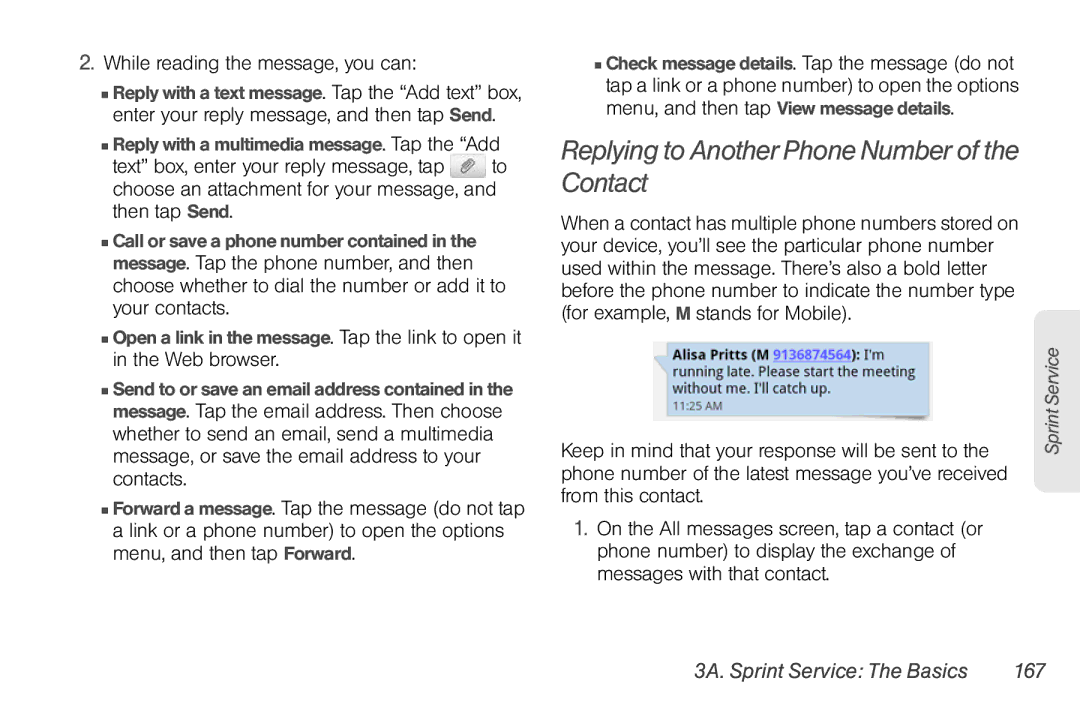 Sprint Nextel PG86100 manual Replying to Another Phone Number of the Contact, While reading the message, you can 