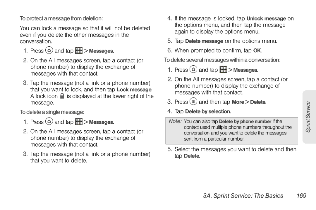 Sprint Nextel PG86100 To protect a message from deletion, To delete a single message, 3A. Sprint Service The Basics 169 