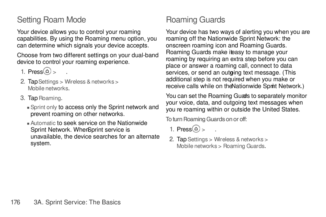 Sprint Nextel PG86100 manual Setting Roam Mode, To turn Roaming Guards on or off, 176 3A. Sprint Service The Basics 