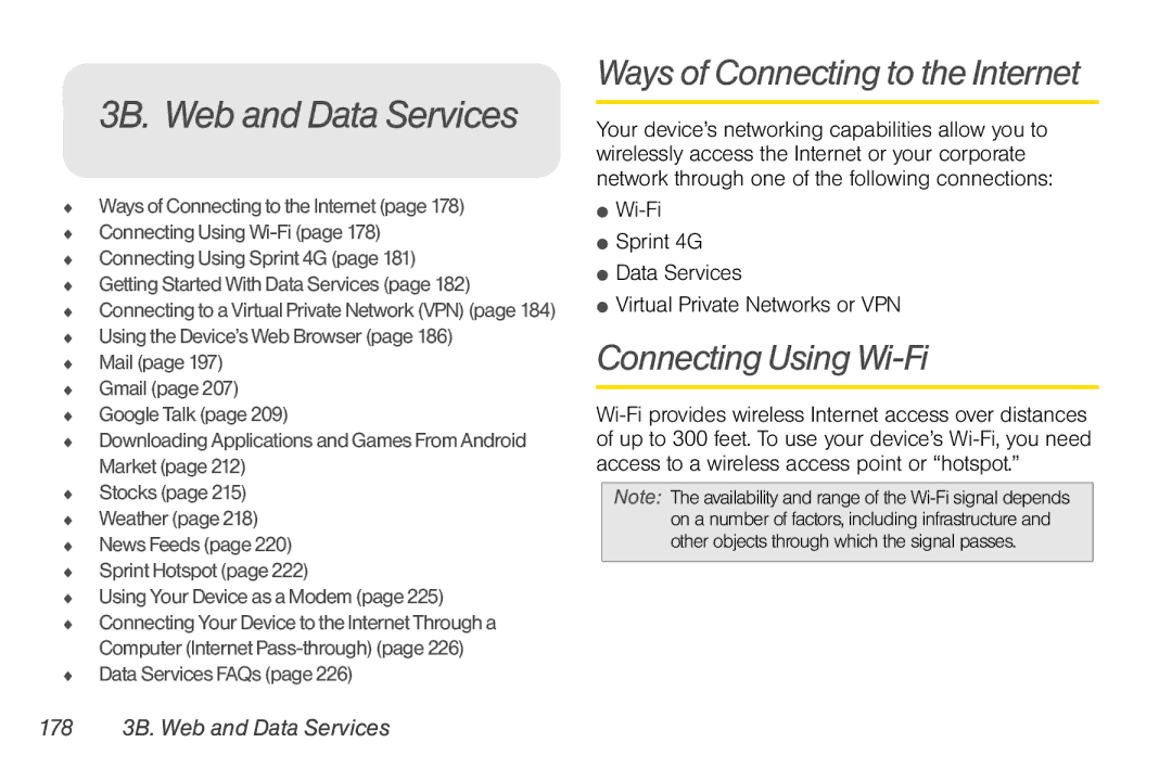 Sprint Nextel PG86100 manual 3B. Web and Data Services, Ways of Connecting to the Internet, Connecting Using Wi-Fi 