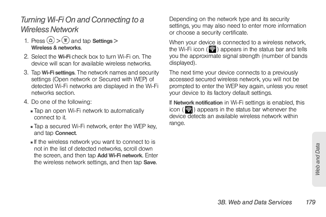 Sprint Nextel PG86100 manual Turning Wi-Fi On and Connecting to a Wireless Network, 3B. Web and Data Services 179 