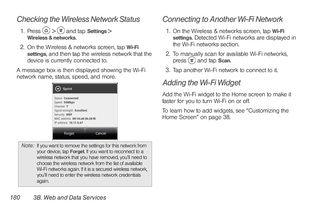 Sprint Nextel PG86100 Checking the Wireless Network Status, Connecting to Another Wi-Fi Network, Adding the Wi-Fi Widget 