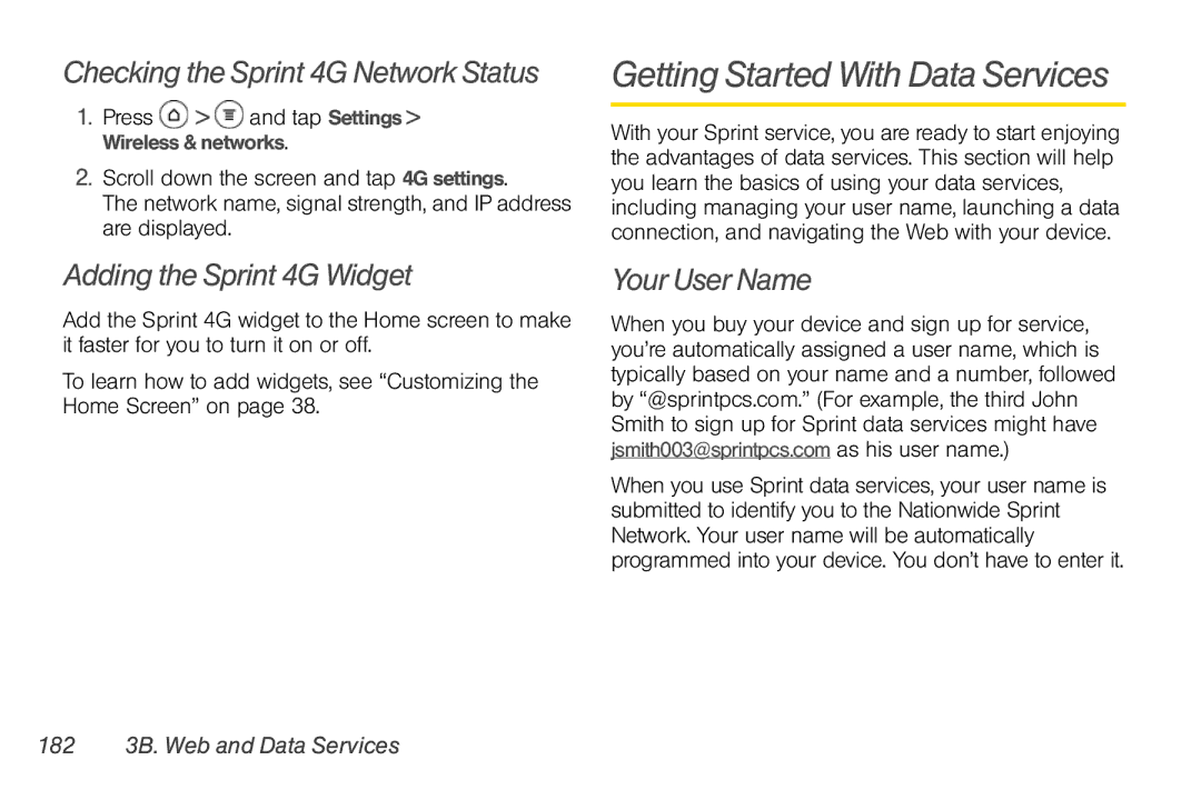 Sprint Nextel PG86100 manual Getting Started With Data Services, Checking the Sprint 4G Network Status, Your User Name 