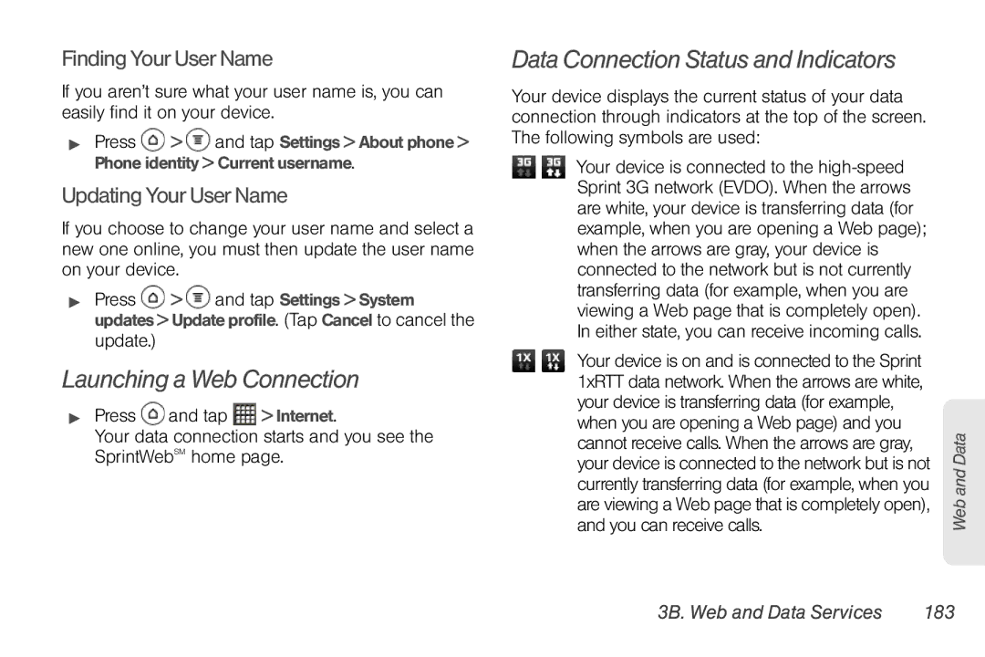 Sprint Nextel PG86100 manual Launching a Web Connection, Data Connection Status and Indicators, Finding Your User Name 