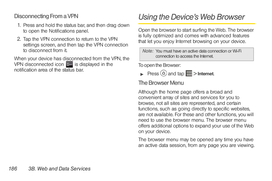 Sprint Nextel PG86100 manual Using the Device’s Web Browser, Disconnecting From a VPN, Browser Menu, To open the Browser 