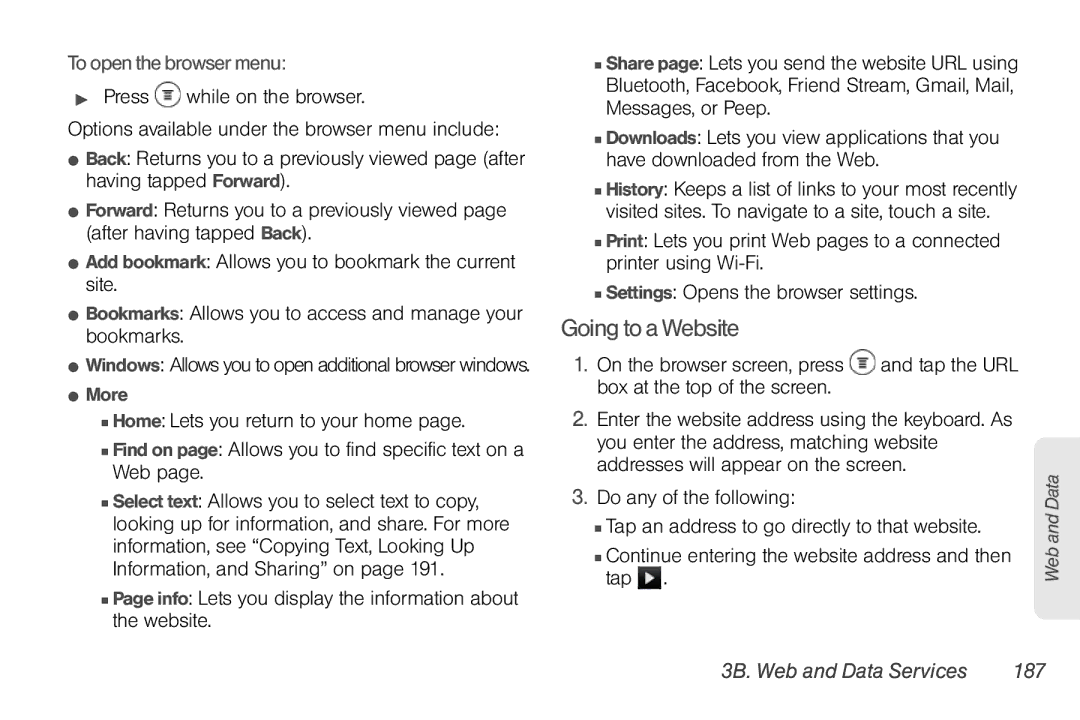 Sprint Nextel PG86100 manual Going to a Website, To open the browser menu, 3B. Web and Data Services 187,  More 