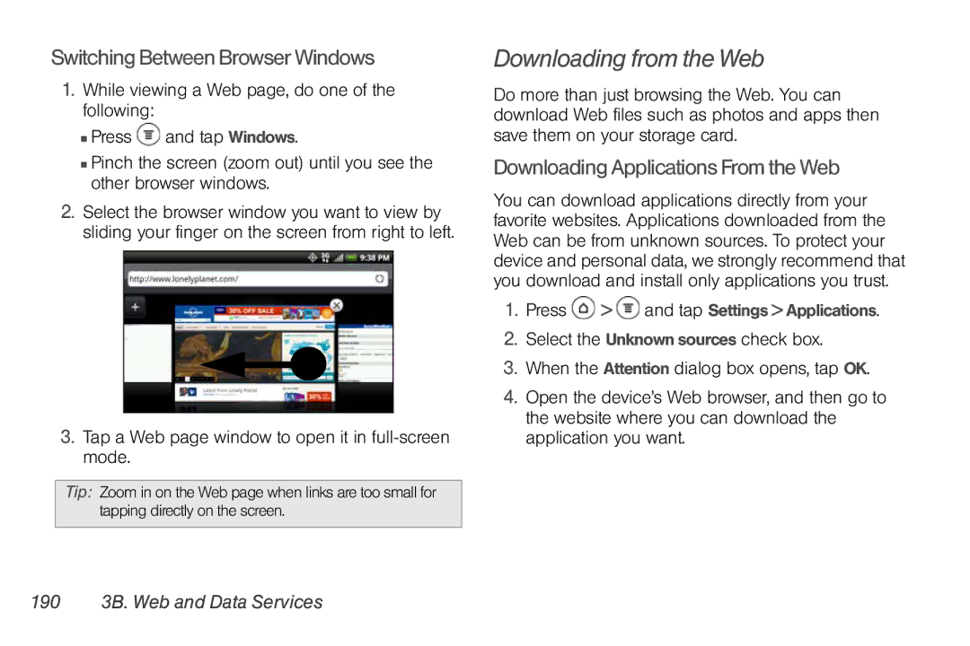 Sprint Nextel PG86100 Downloading from the Web, Switching Between Browser Windows, Downloading Applications From the Web 