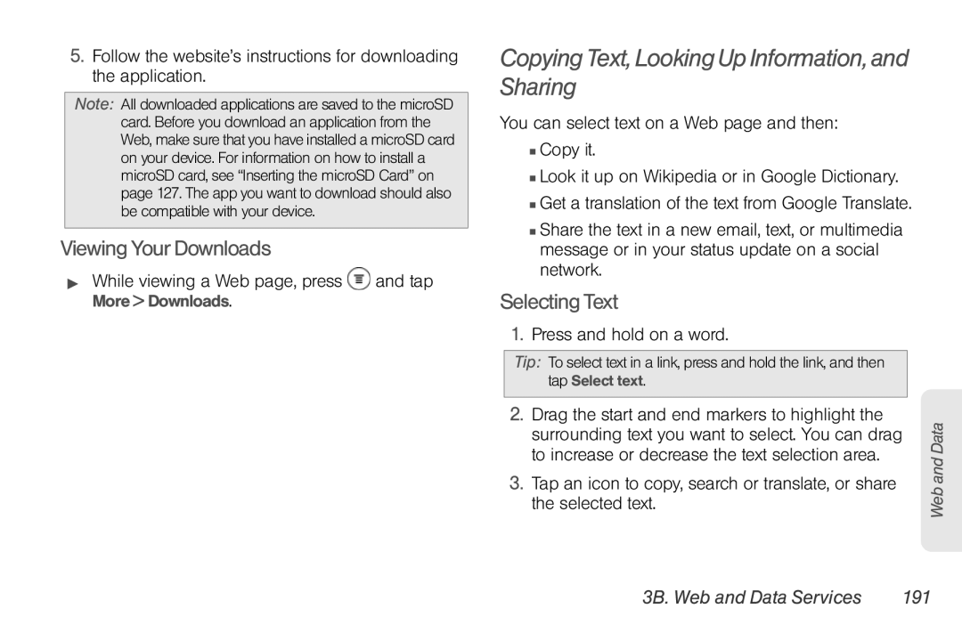 Sprint Nextel PG86100 Viewing Your Downloads, Selecting Text, Press and hold on a word, 3B. Web and Data Services 191 