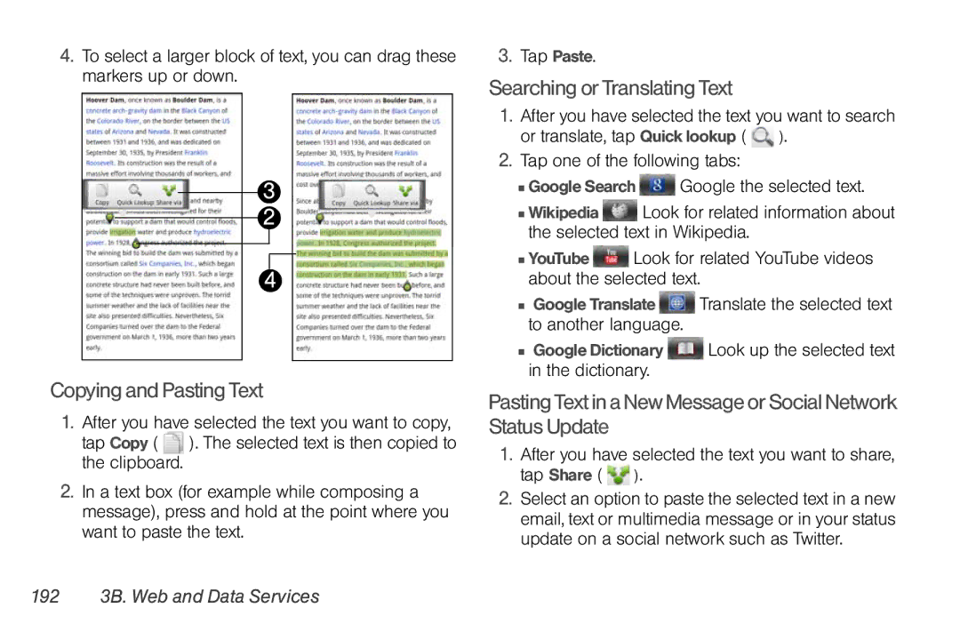Sprint Nextel PG86100 manual Copying and Pasting Text, Searching or Translating Text, 192 3B. Web and Data Services 