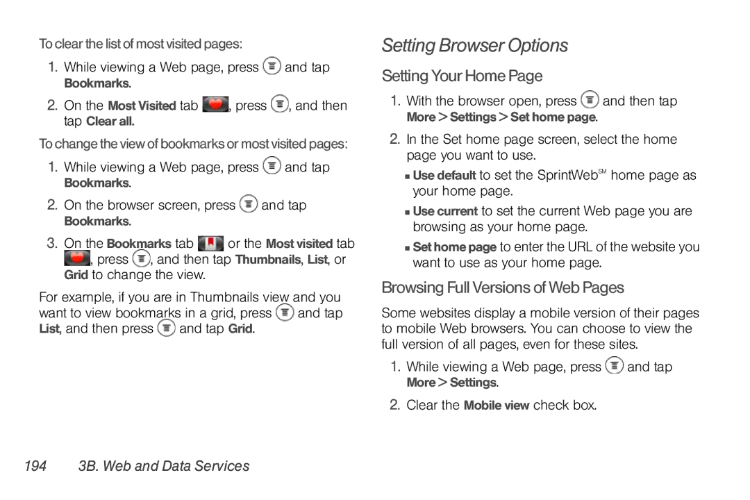 Sprint Nextel PG86100 manual Setting Browser Options, Setting Your Home, Browsing Full Versions of Web Pages 