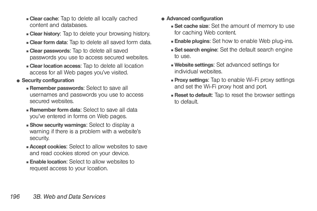 Sprint Nextel PG86100 manual 196 3B. Web and Data Services,  Security configuration,  Advanced configuration 