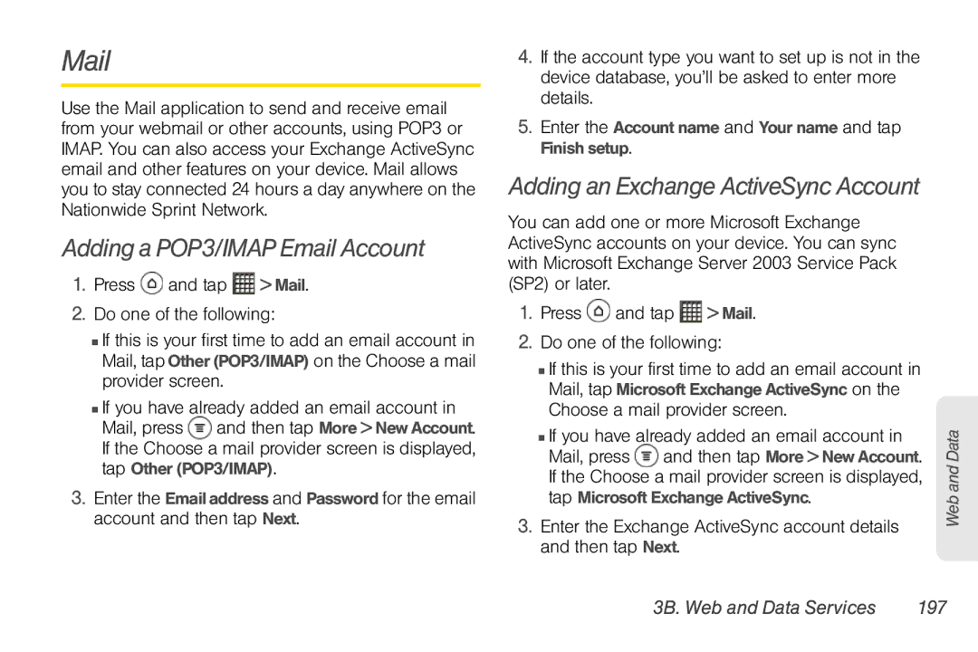 Sprint Nextel PG86100 manual Mail, Adding a POP3/IMAP Email Account, 3B. Web and Data Services 197 