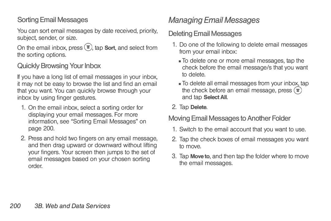 Sprint Nextel PG86100 manual Managing Email Messages, Sorting Email Messages, Quickly Browsing Your Inbox 