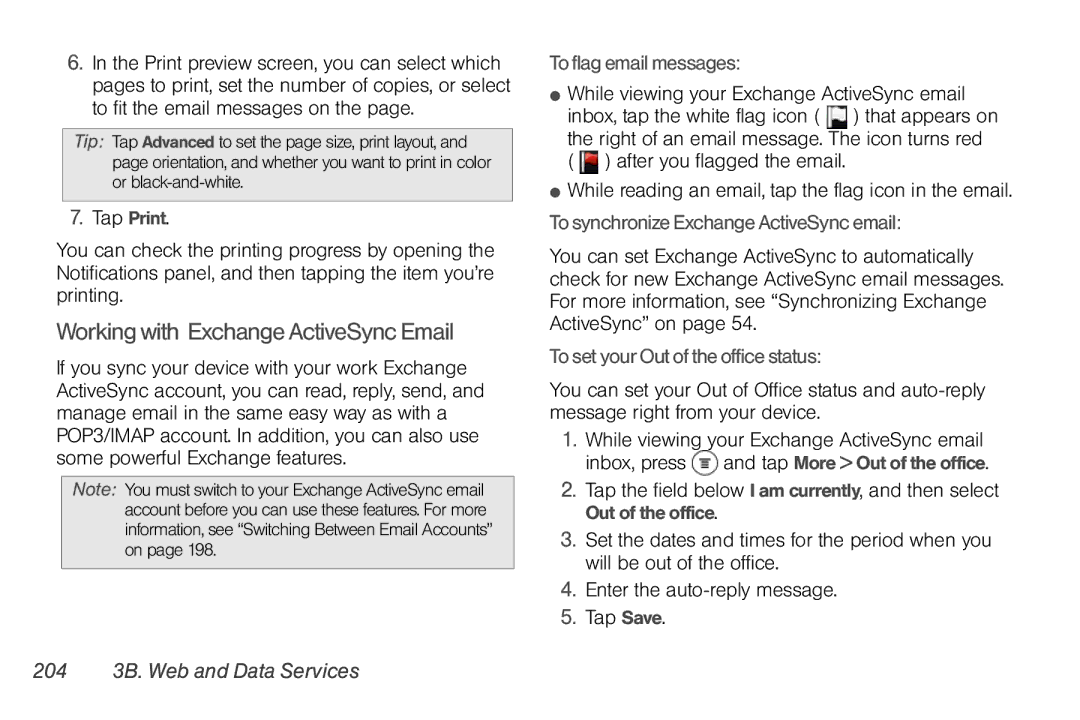 Sprint Nextel PG86100 Working with Exchange ActiveSync Email, To flag email messages, To set your Out of the office status 