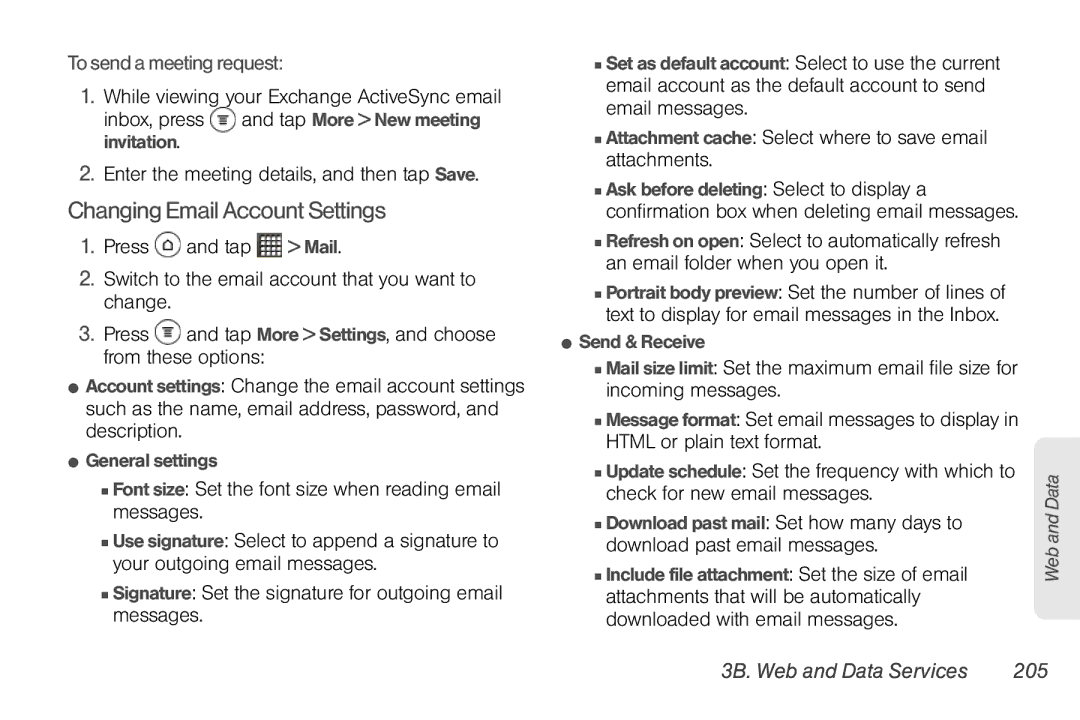 Sprint Nextel PG86100 manual Changing Email Account Settings, To send a meeting request, 3B. Web and Data Services 205 