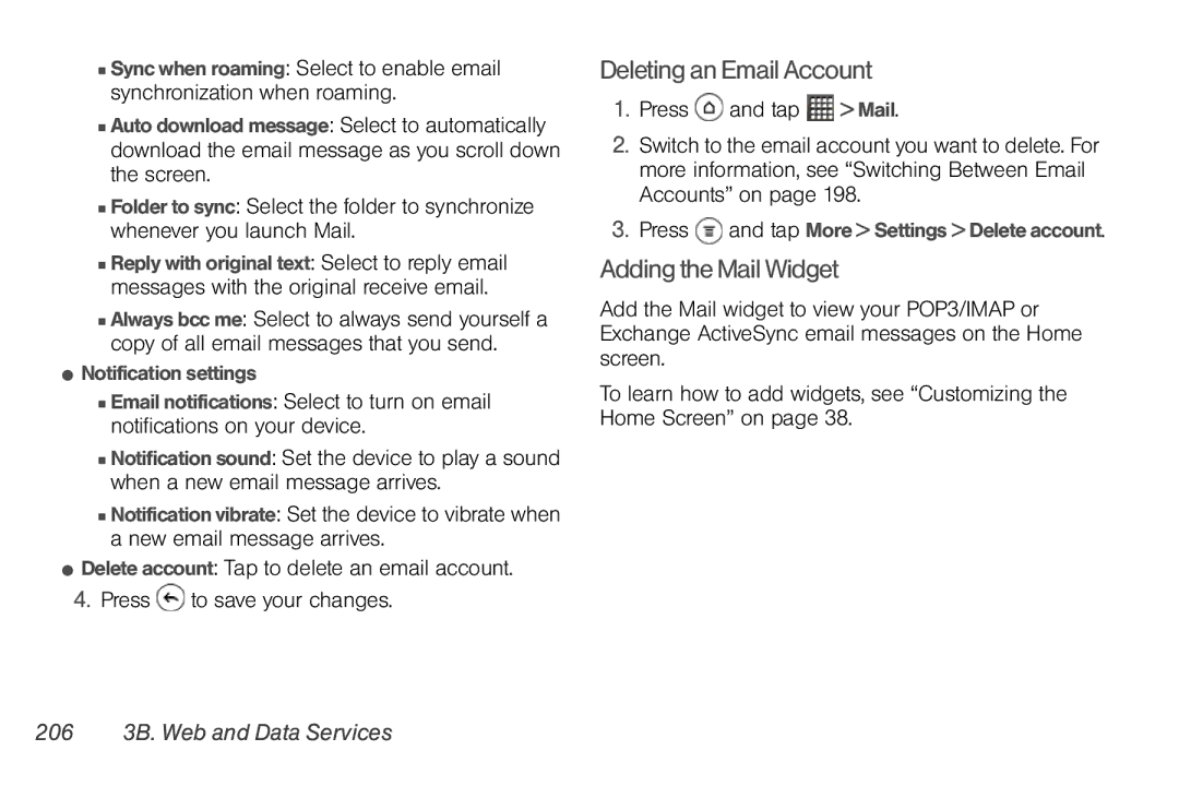 Sprint Nextel PG86100 manual Deleting an Email Account, Adding the Mail Widget, 206 3B. Web and Data Services 