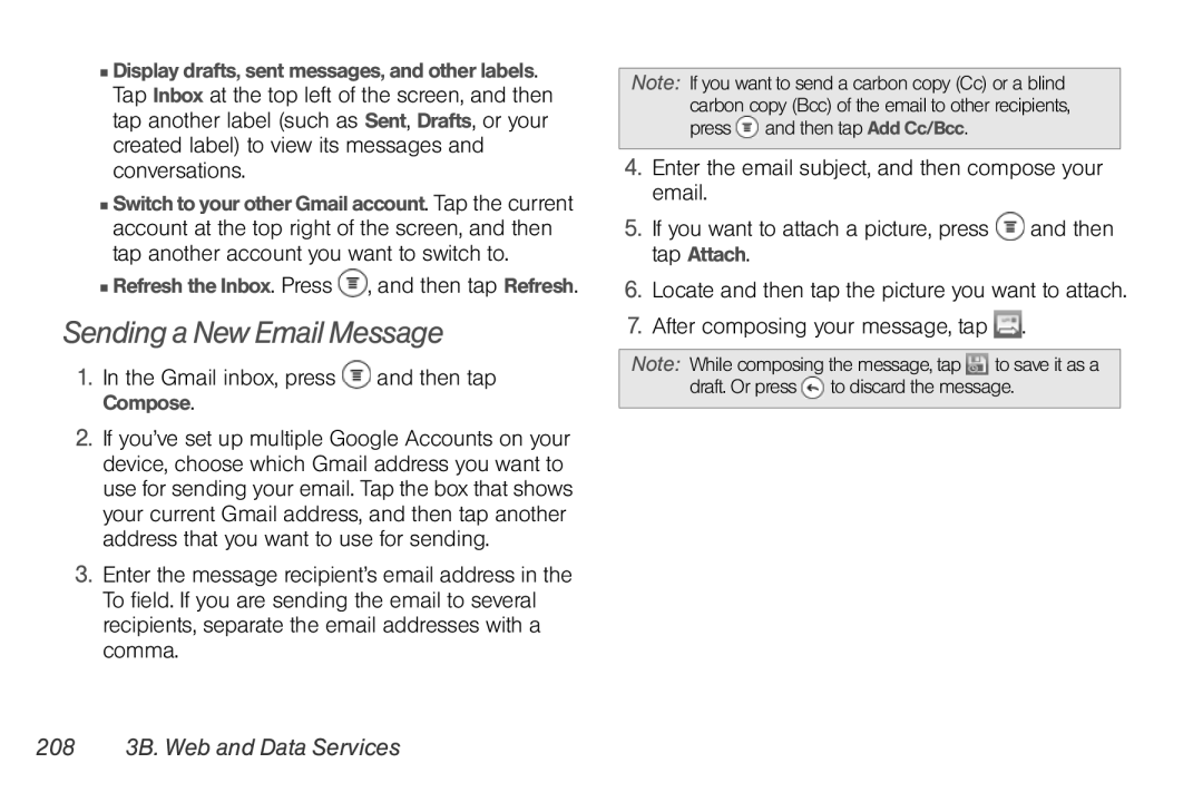 Sprint Nextel PG86100 Sending a New Email Message, 208 3B. Web and Data Services, Gmail inbox, press and then tap Compose 