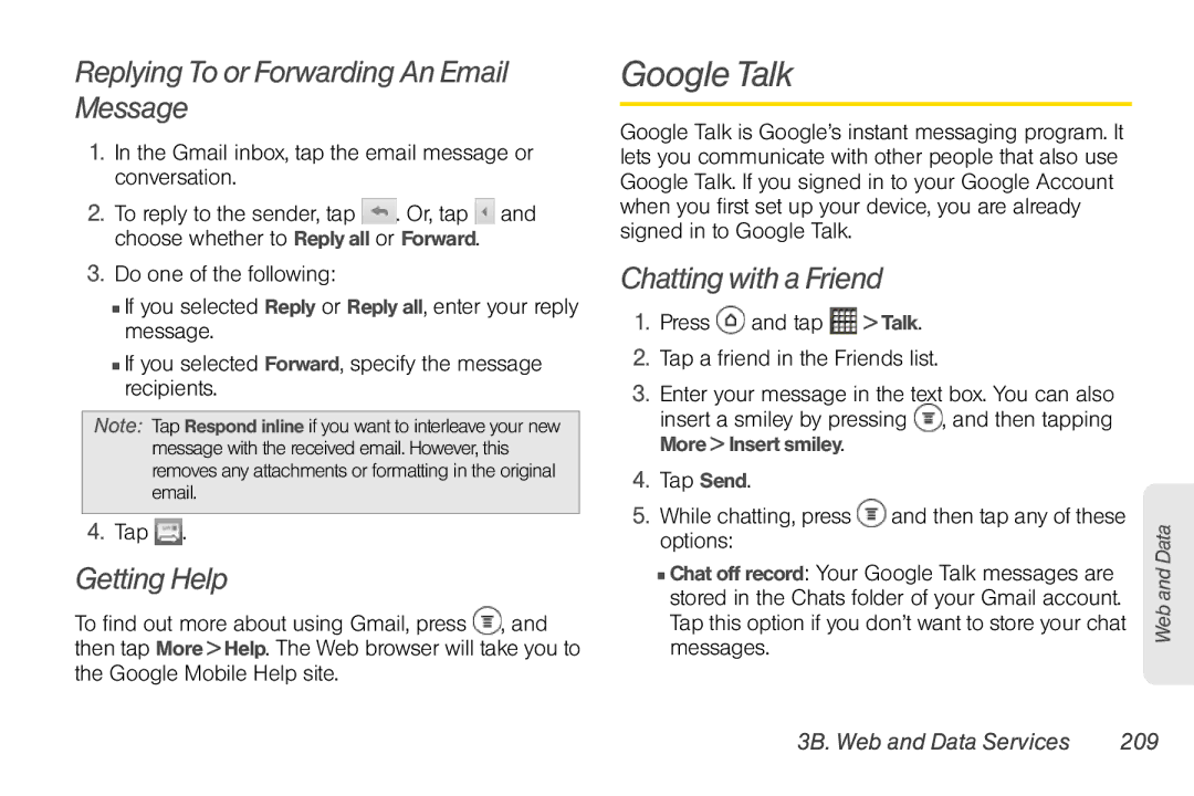 Sprint Nextel PG86100 manual Google Talk, Replying To or Forwarding An Email Message, Getting Help, Chatting with a Friend 