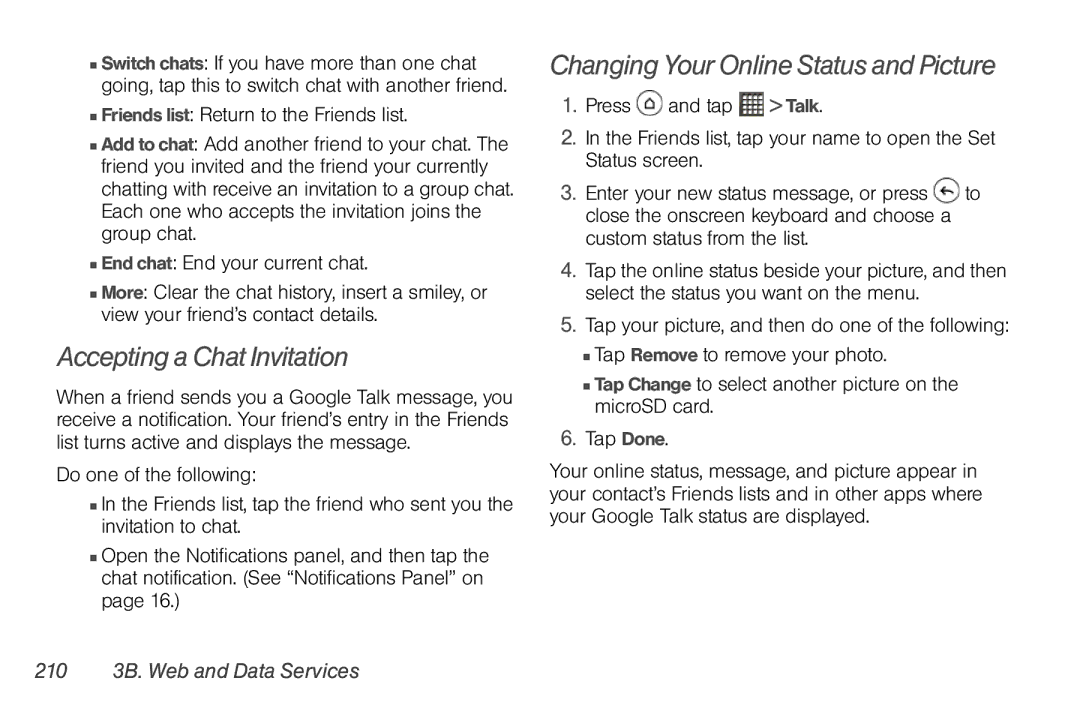 Sprint Nextel PG86100 Accepting a Chat Invitation, Changing Your Online Status and Picture, 210 3B. Web and Data Services 