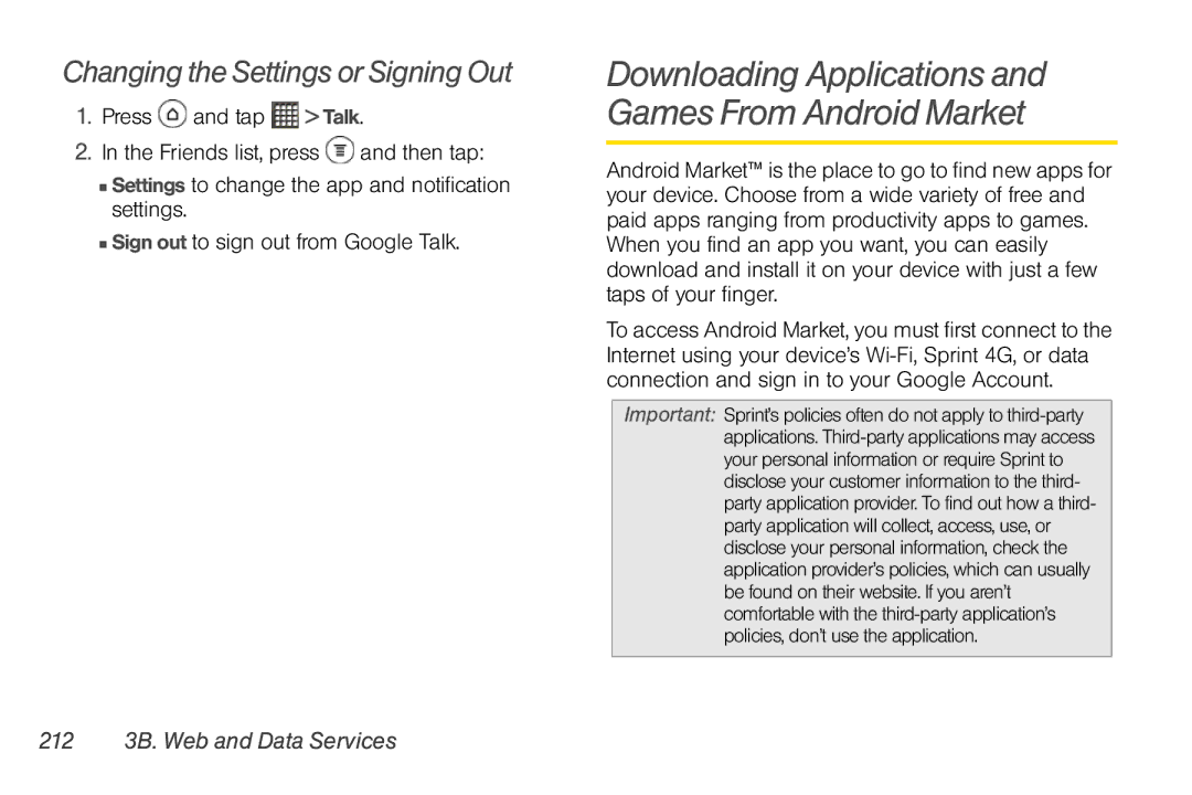 Sprint Nextel PG86100 manual Changing the Settings or Signing Out, 212 3B. Web and Data Services 