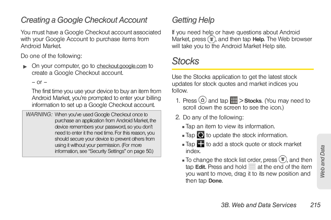 Sprint Nextel PG86100 manual Stocks, Creating a Google Checkout Account, 3B. Web and Data Services 215 