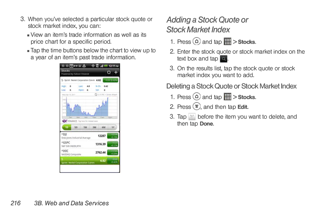 Sprint Nextel PG86100 manual Adding a Stock Quote or Stock Market Index, Deleting a Stock Quote or Stock Market Index 