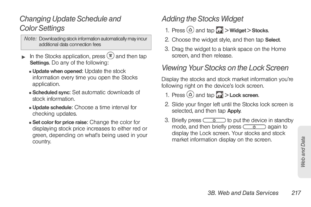 Sprint Nextel PG86100 Changing Update Schedule and Color Settings, Adding the Stocks Widget, 3B. Web and Data Services 217 