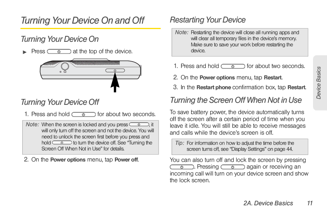 Sprint Nextel PG86100 manual Turning Your Device On and Off, Turning Your Device Off, Restarting Your Device 