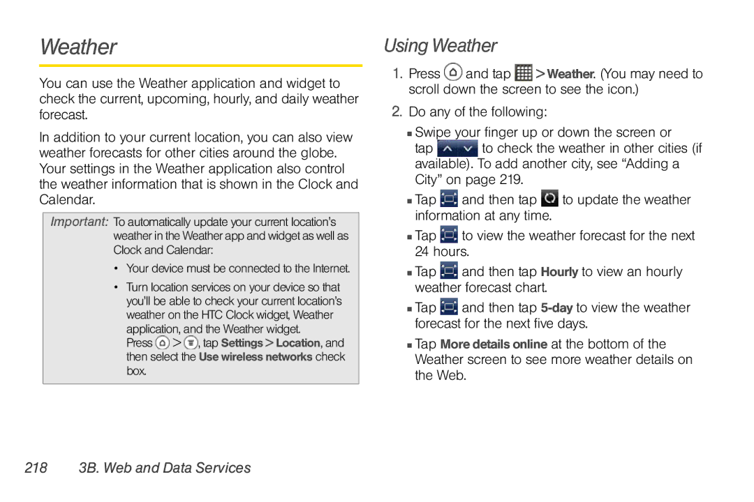 Sprint Nextel PG86100 manual Using Weather, 218 3B. Web and Data Services 