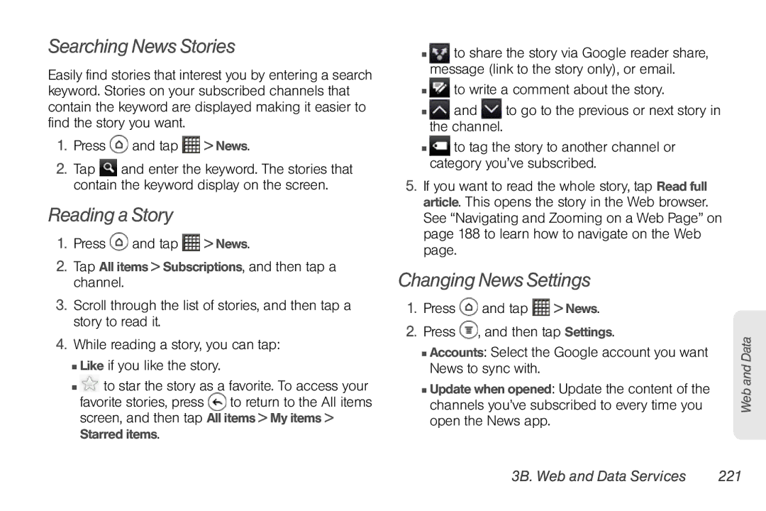 Sprint Nextel PG86100 manual Searching News Stories, Reading a Story, Changing News Settings, 3B. Web and Data Services 221 