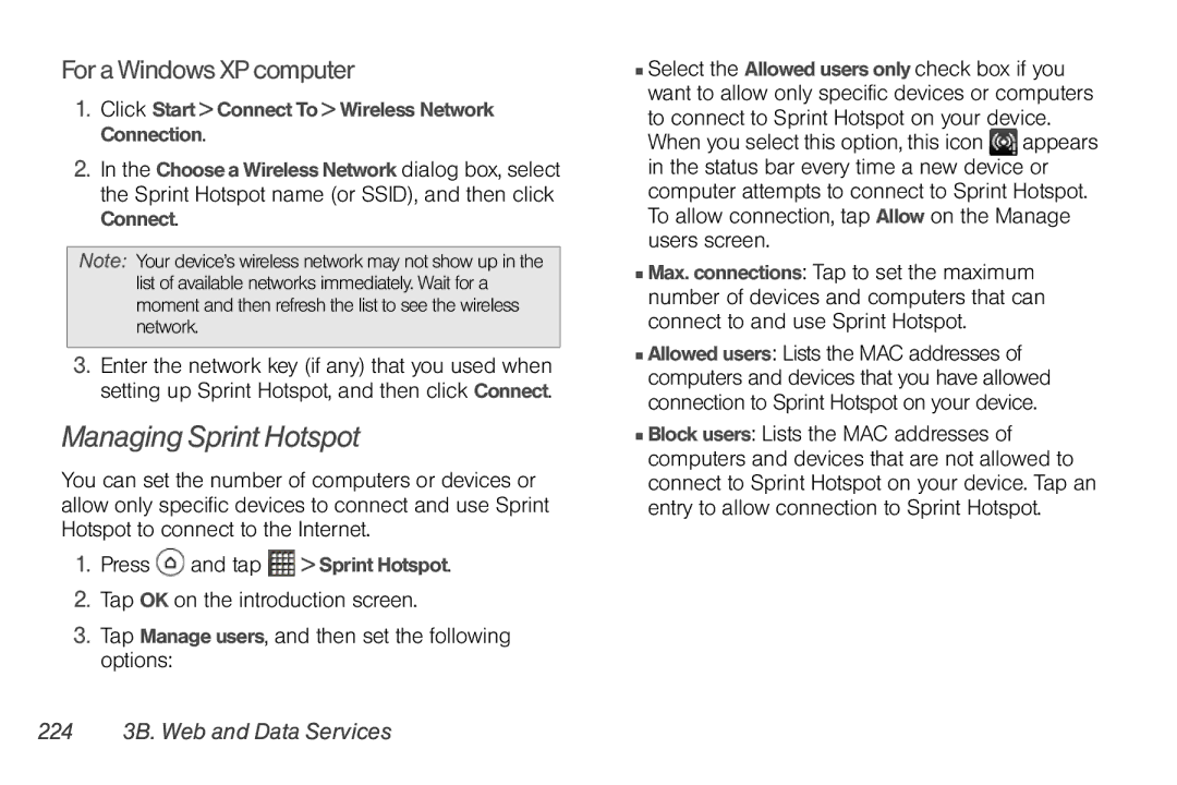 Sprint Nextel PG86100 manual Managing Sprint Hotspot, For a Windows XP computer, 224 3B. Web and Data Services 