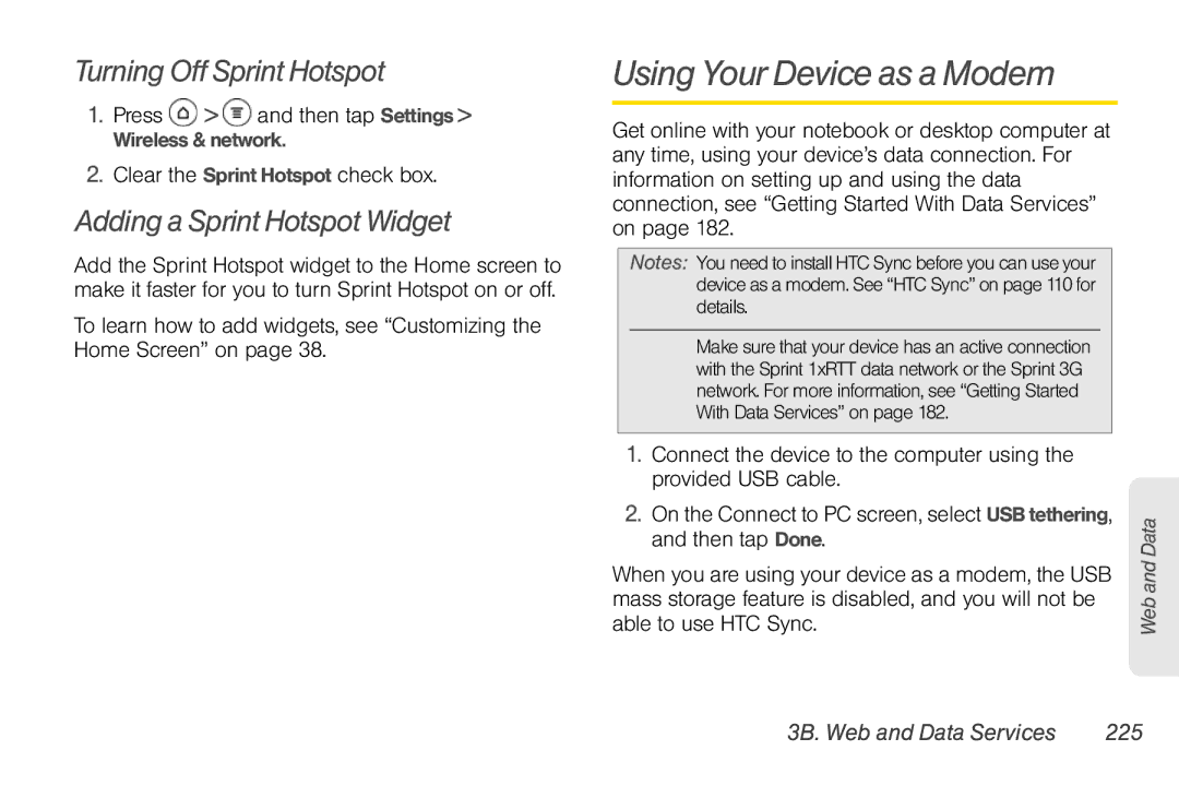 Sprint Nextel PG86100 manual Using Your Device as a Modem, Turning Off Sprint Hotspot, Adding a Sprint Hotspot Widget 