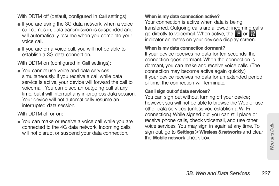 Sprint Nextel PG86100 3B. Web and Data Services 227, When is my data connection active?, Can I sign out of data services? 